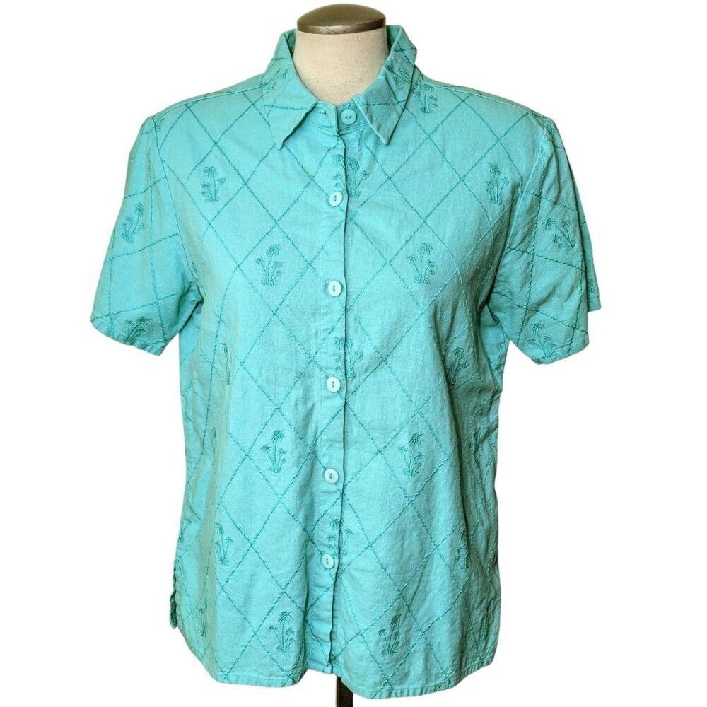 Coldwater Creek Top Womens M Blue Linen Blend Short Sleeve Button Up Palm Trees